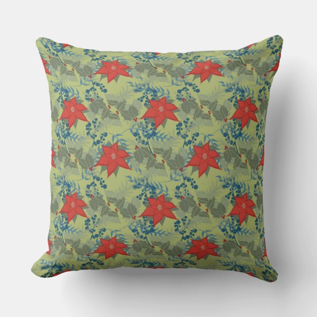 Holly and Poinsettias Throw Pillow (Front)