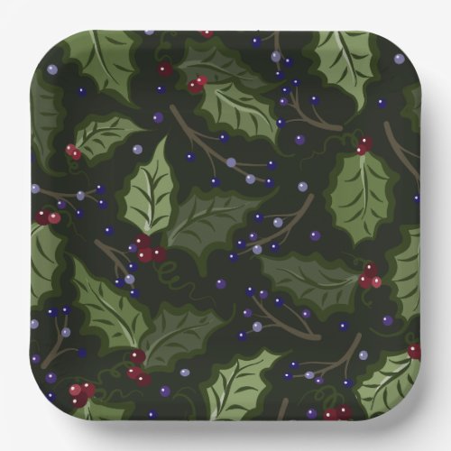 Holly and Purple Berries Festive Paper Plates