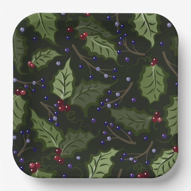 Holly and Purple Berries Festive Paper Plates (Front)