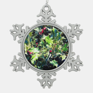 Holly and red berries snowflake pewter christmas ornament