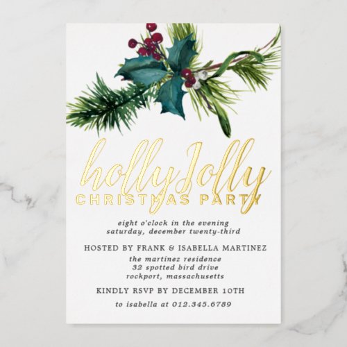 Holly and Red Berry Christmas Party Gold Foil Invitation