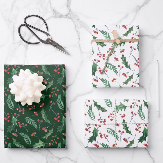 Holly and Red Berry Holiday Pattern Wrapping Paper Sheets (Front)