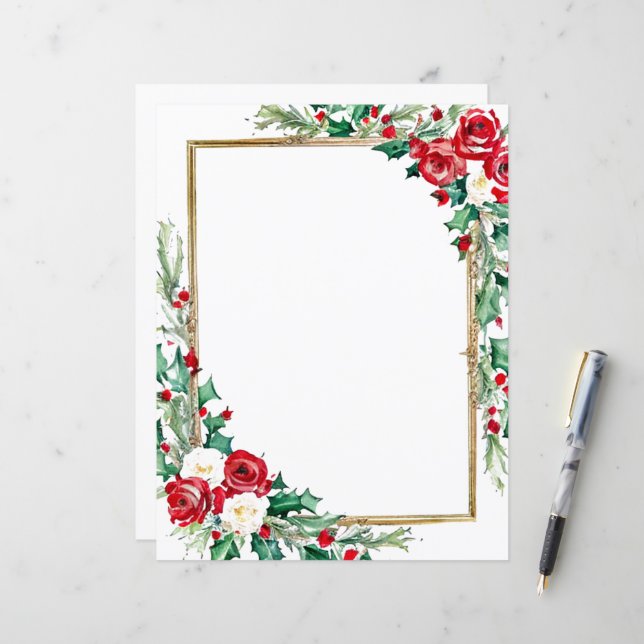 Holly and roses Christmas stationery paper (Front/Back In Situ)