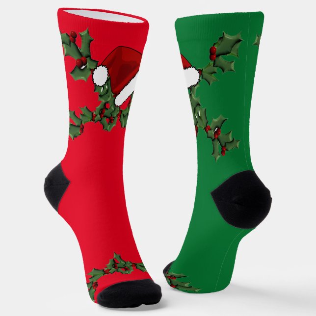 Holly and Santa Hat Mismatched Christmas Socks (Angled)
