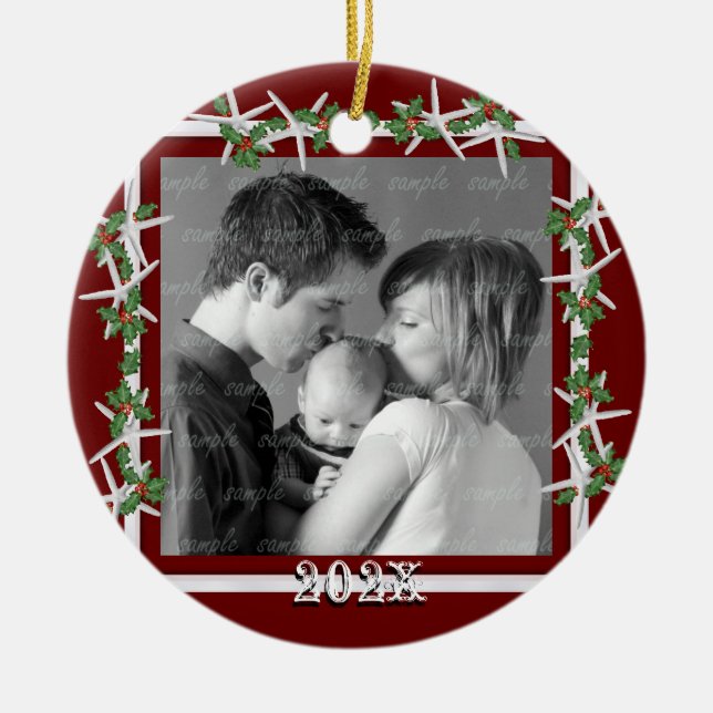 Holly and Starfish Red Family Photo Frame Ceramic Ornament (Front)