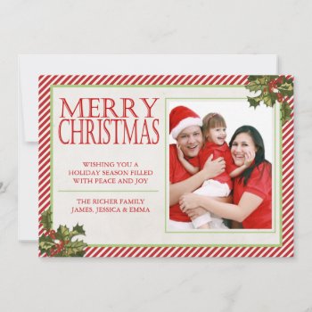 Holly And Stripes Christmas Card by fireflidesigns at Zazzle