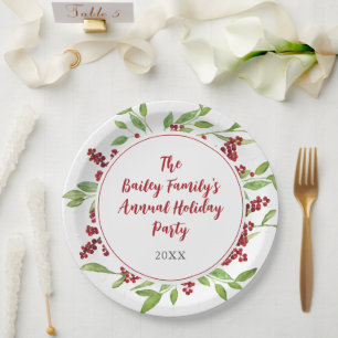 Holly and Watercolor Greenery Holiday Paper Plate