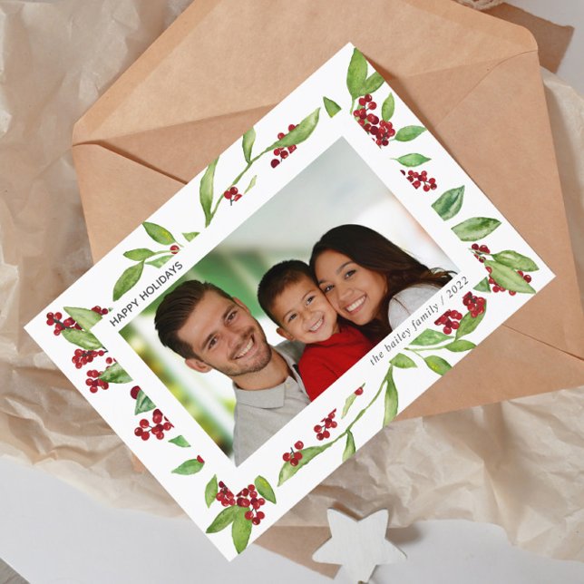 Holly and Watercolor Greenery Photo Holiday Card (Creator Uploaded)