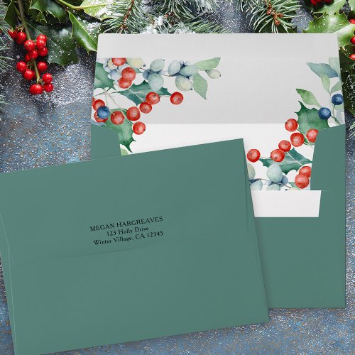 Holly and Winter Berries Green Wedding Invitation Envelope