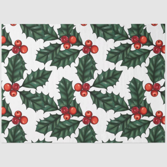 Holly and Winter Berries Greenery Christmas Tissue Paper (Front)