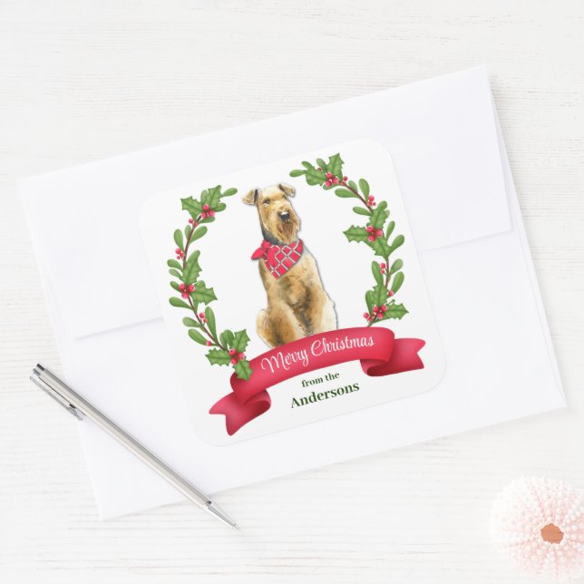Holly Banner Airedale Terrier Dog Christmas Square Sticker (Envelope)