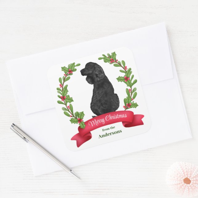 Holly Banner Black Cocker Spaniel Christmas Square Sticker (Envelope)