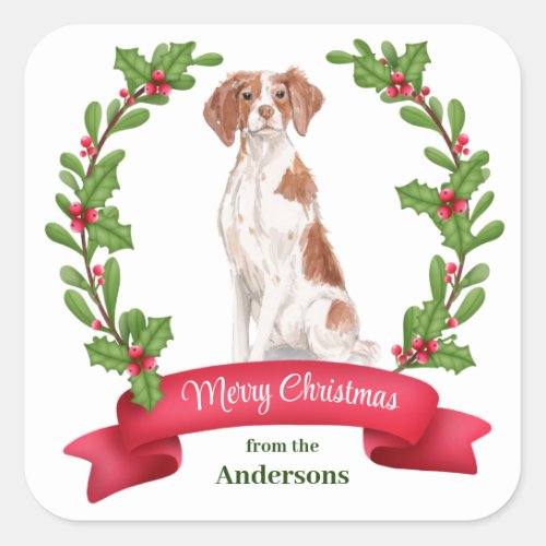 Holly Banner Brittany Dog Christmas Square Sticker