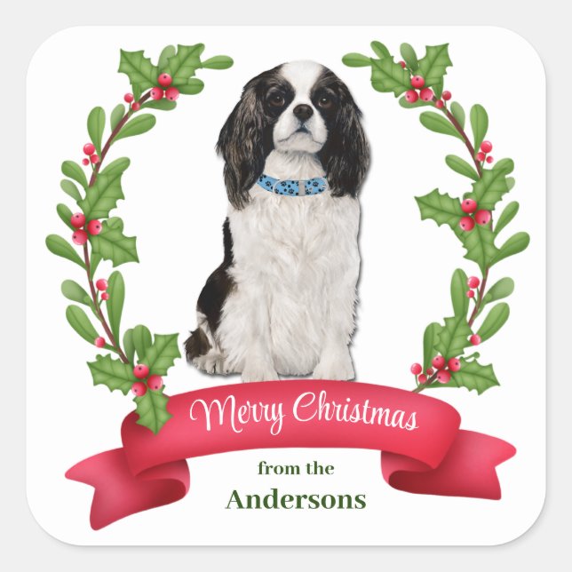 Holly Banner Cavalier King Charles Spaniel Holiday Square Sticker (Front)