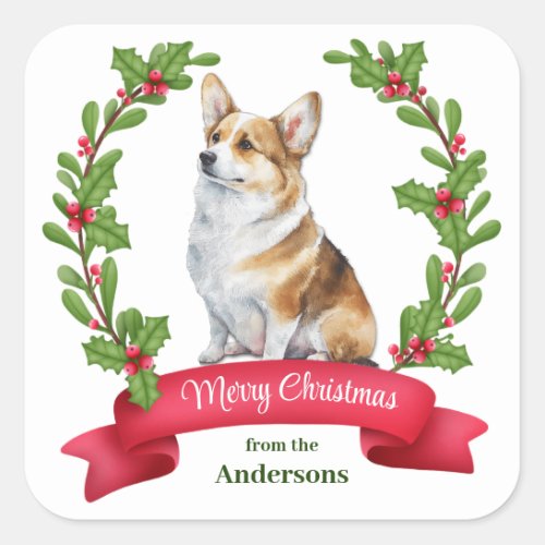 Holly Banner Corgi Dog Christmas Square Sticker