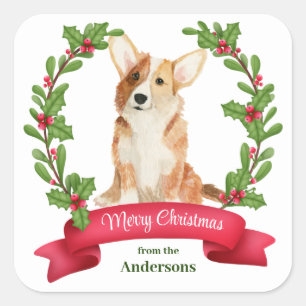 Holly Banner Corgi Dog Christmas Square Sticker