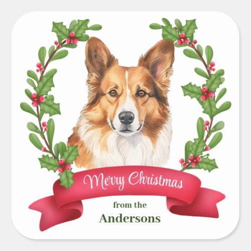 Holly Banner Corgi Dog Portrait Christmas Square Sticker