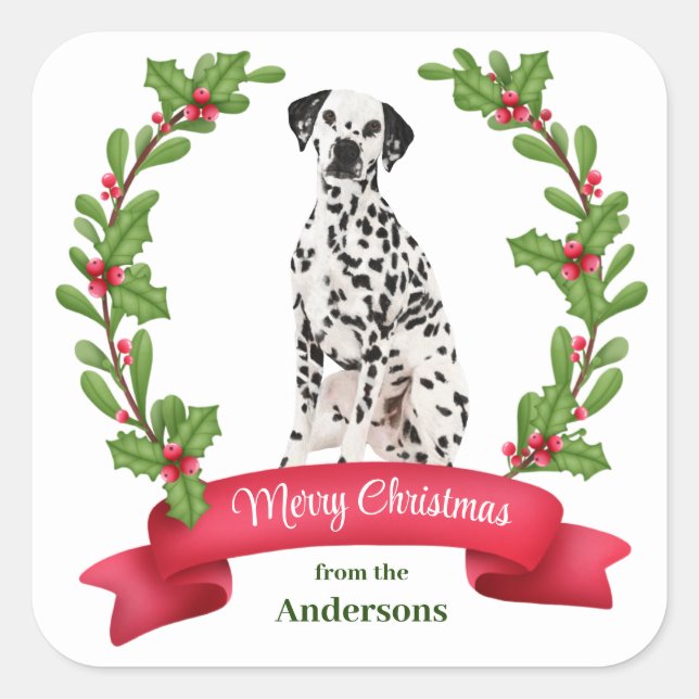 Holly Banner Dalmatian Dog Christmas Square Sticker (Front)