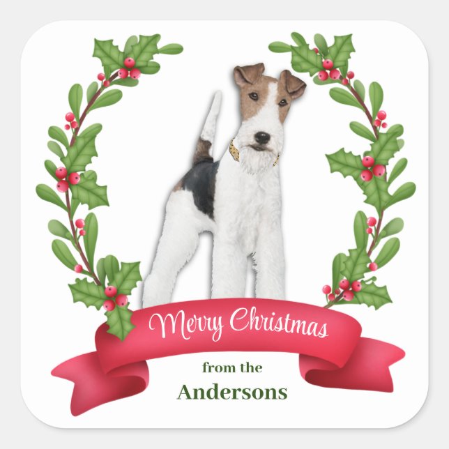 Holly Banner Fox Terrier Dog Christmas Square Sticker (Front)
