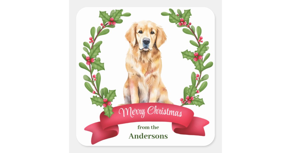 Holly Banner Golden Retriever Christmas Square Sticker | Zazzle
