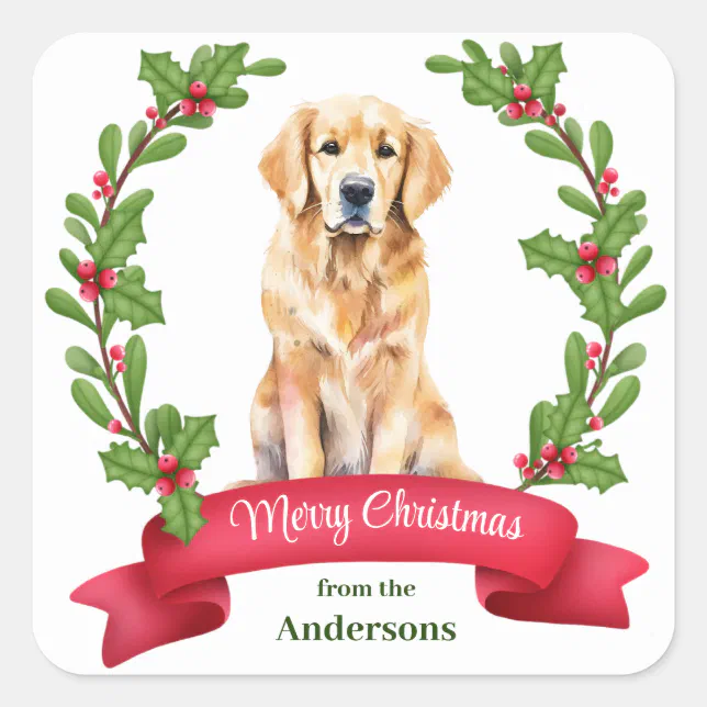 Holly Banner Golden Retriever Christmas Square Sticker | Zazzle