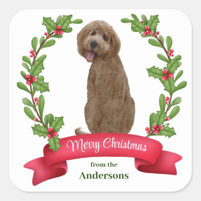 Holly Banner Labradoodle Dog Christmas Square Sticker (Front)