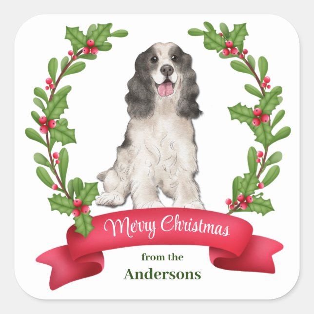 Holly Banner Parti Color Cocker Spaniel Christmas Square Sticker (Front)