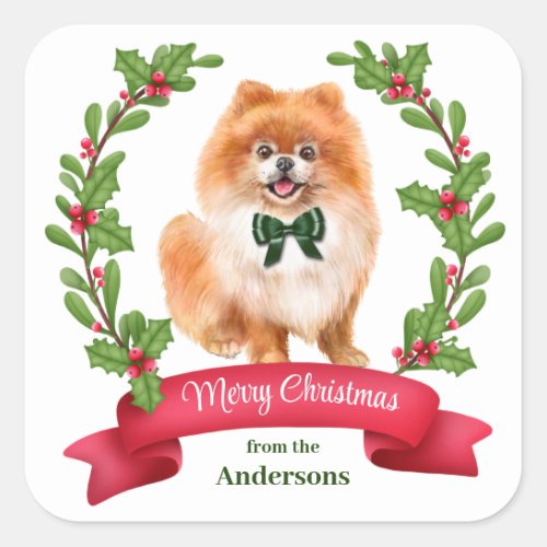 Holly Banner Red Pomeranian Christmas Square Sticker