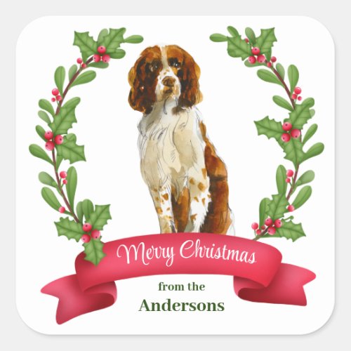 Holly Banner Springer Spaniel Dog Christmas Square Sticker