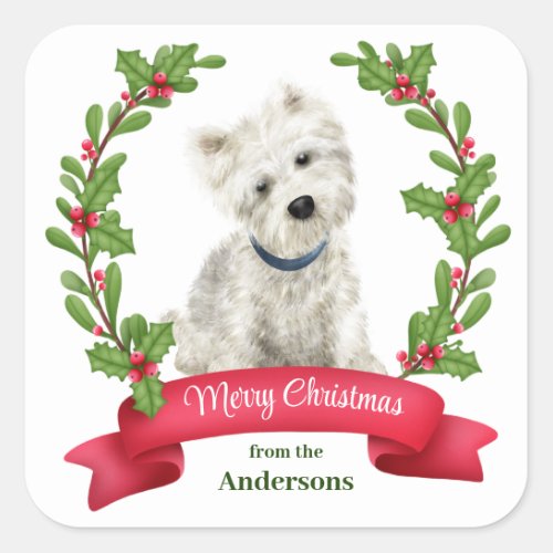Holly Banner West Highland White Terrier Christmas Square Sticker