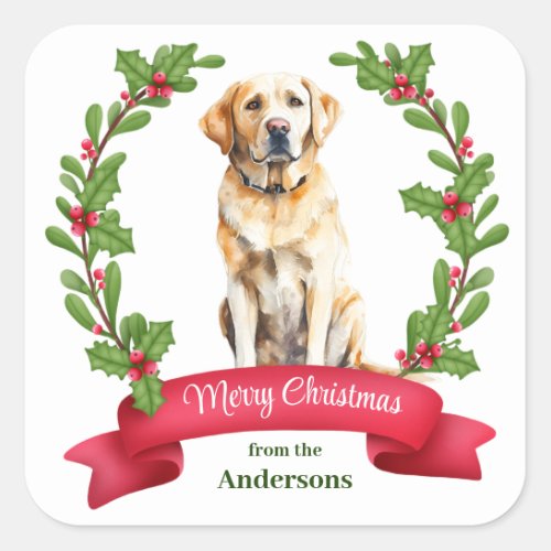 Holly Banner Yellow Labrador Retriever Christmas Square Sticker