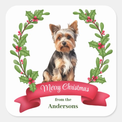 Holly Banner Yorkshire Terrier Christmas Square Sticker