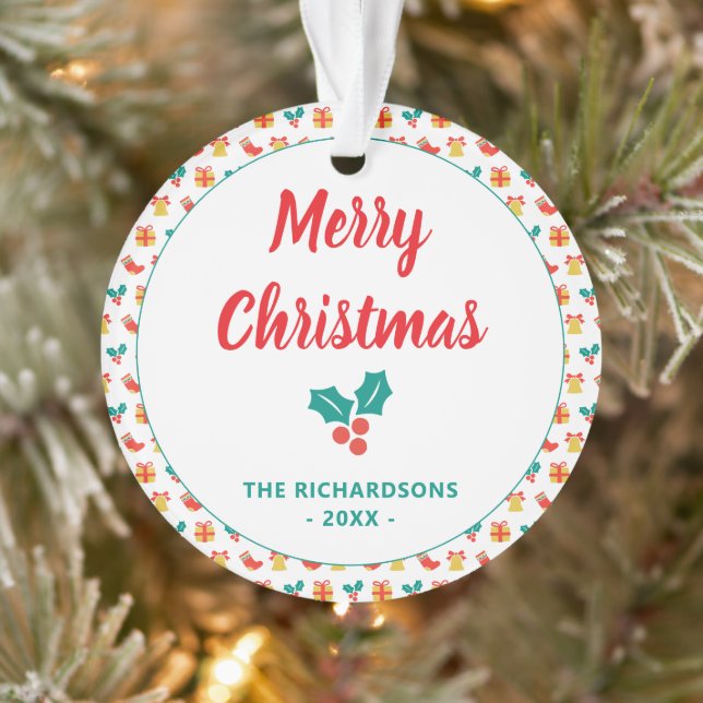 Holly Bell Stocking Pattern Merry Christmas Name Ornament (Tree)