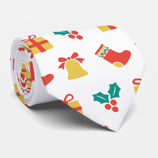 Holly Bell Stocking Red White Green Gold Christmas Neck Tie (Rolled)