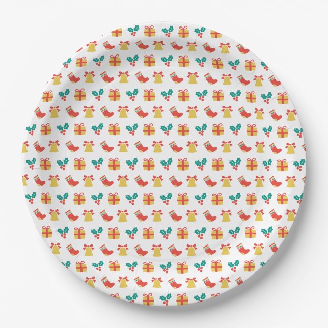 Holly Bell Stocking Red White Green Gold Christmas Paper Plates (Front)