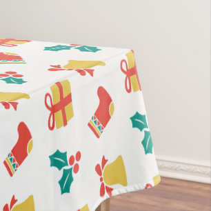 Holly Bell Stocking Red White Green Gold Christmas Tablecloth