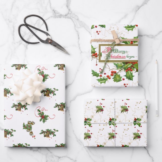 Holly, Bells and Stars Christmas Wrapping Paper Sheets (Front)