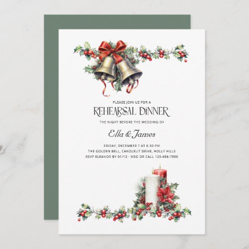 Holly Bells Candle Winter Wedding Rehearsal Dinner Invitation