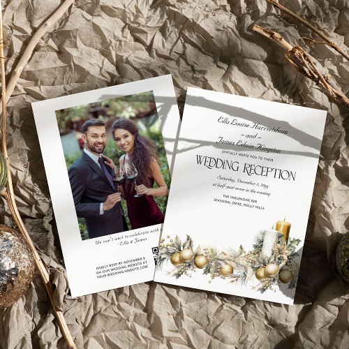 Holly Bells Golden Berry Winter Wedding Reception Invitation