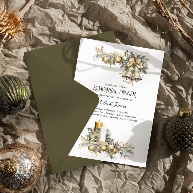 Holly Bells Golden Winter Wedding Rehearsal Dinner Invitation (Wedding Rehearsal Dinner Invitation from the Holly Bells Wedding Collection by Darling & May)