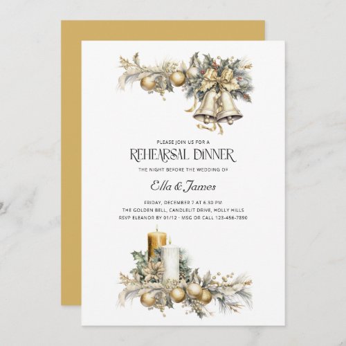 Holly Bells Golden Winter Wedding Rehearsal Dinner Invitation