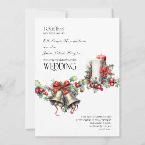 Holly Bells Red Berries Winter Wedding and Details Invitation