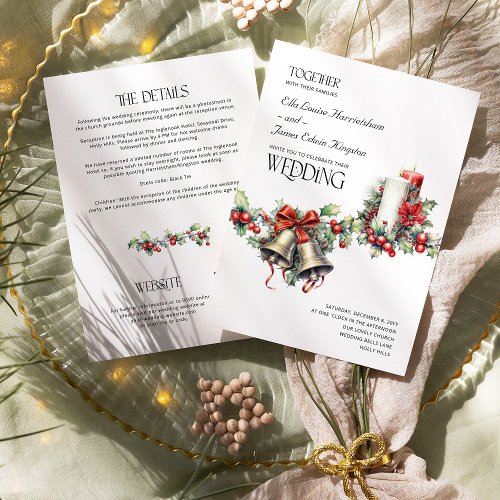 Holly Bells Red Berries Winter Wedding and Details Invitation