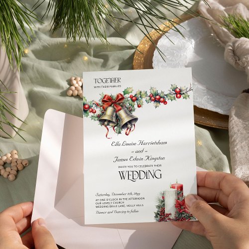 Holly Bells Red Berries Winter Wedding Invitation