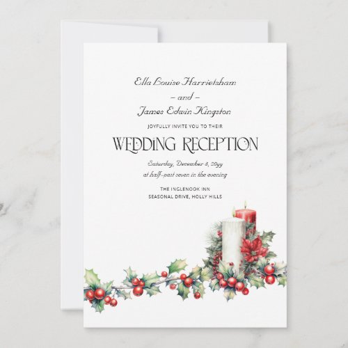 Holly Bells Red Berries Winter Wedding Reception Invitation