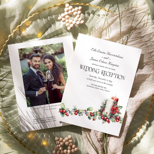 Holly Bells Red Berries Winter Wedding Reception Invitation