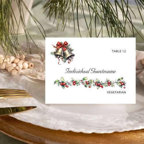 Holly Bells Winter Wedding Guest Name Place Card