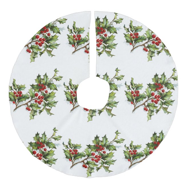 Holly berries 001 faux linen tree skirt (Front)