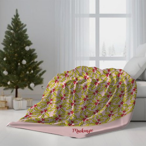Holly Berries Add Name Festive Whimsy Christmas Fleece Blanket