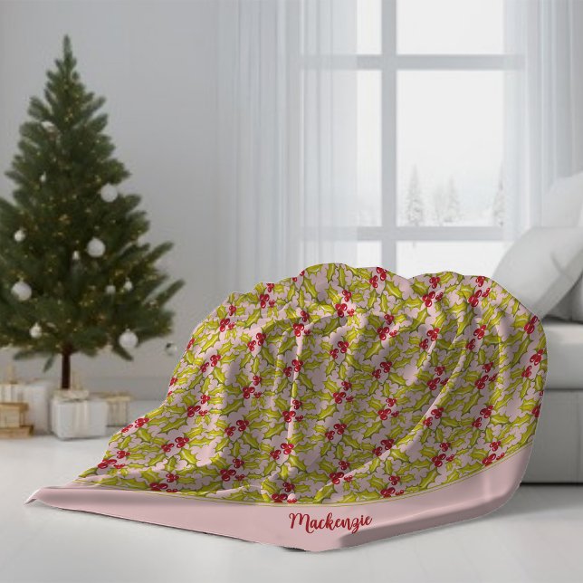 Holly Berries Add Name Festive Whimsy Christmas Fleece Blanket (Creator Uploaded)